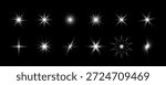 White glowing sparkles collection. Shining light flares effect set. Magical stars, twinkles and sparks glowing pack. Starlight rays radiance sun elements group. Radiant sun beam bursts bundle. Vector