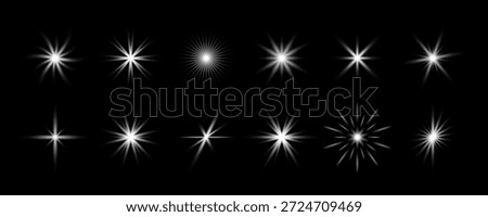 White glowing sparkles collection. Shining light flares effect set. Magical stars, twinkles and sparks glowing pack. Starlight rays radiance sun elements group. Radiant sun beam bursts bundle. Vector
