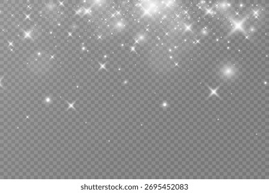 White glowing sparkles and glitter light effect on transparent background, shining bokeh star particles, festive bright dust overlay design.