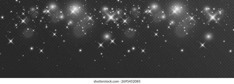 White glowing sparkles and glitter light effect on transparent background, shining bokeh star particles, festive bright dust overlay design.