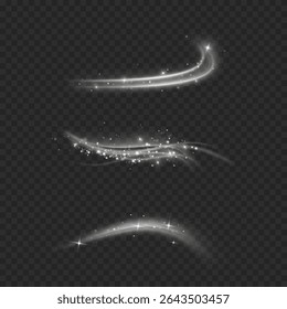 Linhas de velocidade brilhantes brancas com efeito de poeira luminosa. Rastreamento de Ondas Leves e Sobreposição de Movimentos de Vento Brilhante em Fundo Transparente para Ilustração Futurista, Abstrata ou de Design de Movimentos