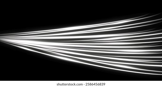 White glowing speed stripes. Traces of movement of a car. Night city lighting with long exposure. Abstract vector illustration isolated on black background.