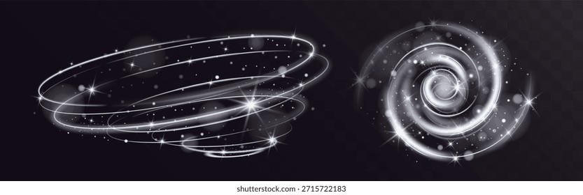 Vórtice espiral brilhante branco com trilhas leves suaves, estrelas cintilantes e partículas flutuantes criando efeito de movimento mágico elegante sobre fundo transparente.