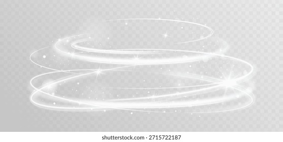 White glowing spiral vortex with soft light trails, sparkling stars and floating particles creating elegant magical motion effect on transparent background.