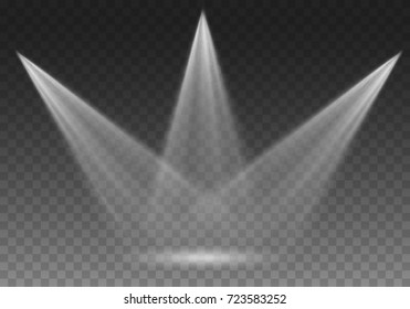 White glowing stage light rays isolated on transparent background. Vector bright scene spotlight effect. Shine theater projector beams template for your creative design