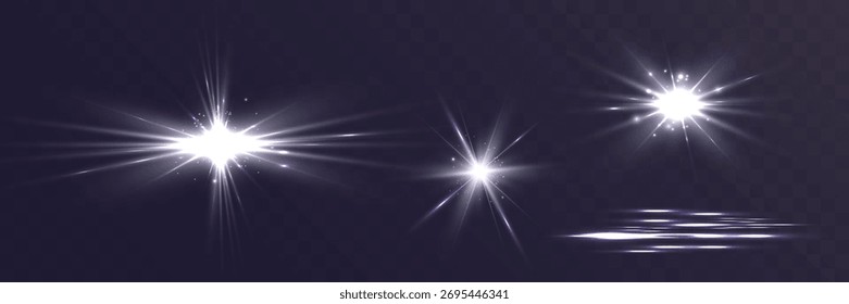 White glowing star light flares set on dark transparent background, bright shining sparkle bursts collection, abstract glowing flash effect design.