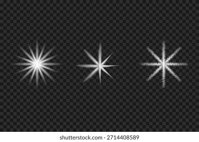 Efectos brillantes de la estrella blanca sobre fondo transparente: conjunto de brillo y ráfaga de luz.