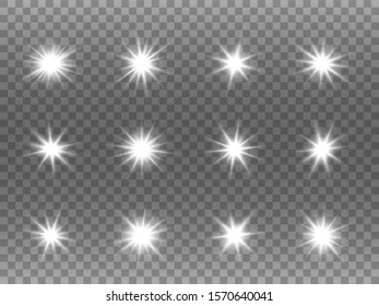 White glowing stars set. Light explosions on transparent backdrop. Christmas template with shining rays. White flash collection. Bright particles. Vector illustration.