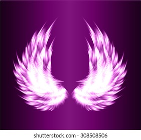 white glowing, stylized angel wings on a purple background. vector