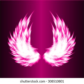 white glowing, stylized angel wings on a pink background. vector