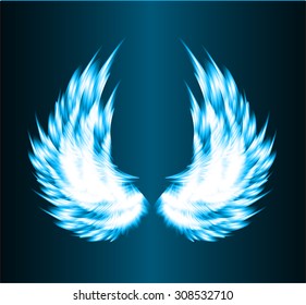 white glowing, stylized angel wings on a blue background. vector