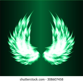 white glowing, stylized angel wings on a green background. vector