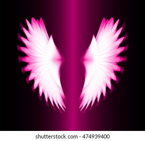 white glowing, stylized angel wings on a pink background. vector