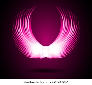 white glowing, stylized angel wings on a pink background. vector