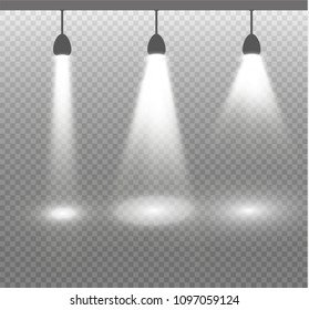 White glowing transparent disco lights background. Bright lighting effect disco lights. Realistic studio vector illumination.
