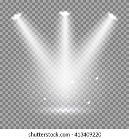 White glowing transparent disco lights background.  Bright lighting effect disco lights. Realistic studio vector illumination
