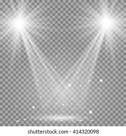 White glowing transparent disco lights background.  Bright lighting effect disco lights. Realistic studio vector illumination.