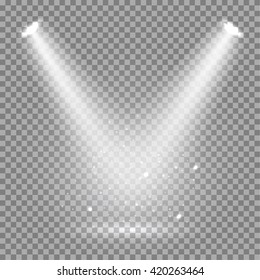 White glowing transparent disco lights background.  Bright lighting effect disco lights. Realistic studio vector illumination.
