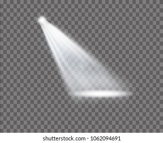 White glowing transparent spotlight background. Vector spotlight background illustration. Transparent shine spotlight background. Bright lighting effect spotlights. Realistic studio illumination.