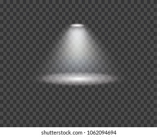 White glowing transparent spotlight background. Vector spotlight background illustration. Transparent shine spotlight background. Bright lighting effect spotlights. Realistic studio illumination.