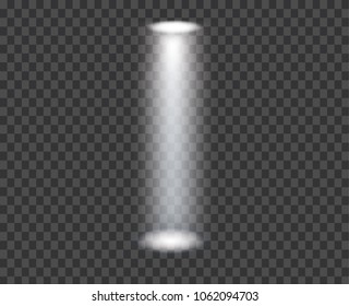White glowing transparent spotlight background. Vector spotlight background illustration. Transparent shine spotlight background. Bright lighting effect spotlights. Realistic studio illumination.