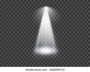 White glowing transparent spotlight background. Vector spotlight background illustration. Transparent shine spotlight background. Bright lighting effect spotlights. Realistic studio illumination.