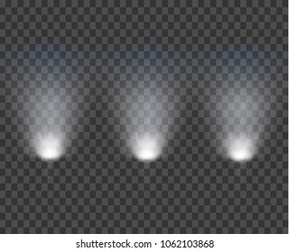 White glowing transparent spotlight background. Vector spotlight background illustration. Transparent shine spotlight background. Bright lighting effect spotlights. Realistic studio illumination.