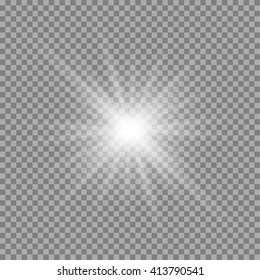 Fondo de luz solar transparente brillante blanco. Ilustración de fondo de luz solar de Vector. Fondo transparente de la luz del sol del brillo. Luz solar de efecto de iluminación brillante. Estrella brillante realista con destellos de rayos.