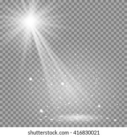 White glowing transparent sunlight background vector illustration.  Bright lighting effect sunlight. Realistic bright star with ray sparkles.
