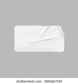 White glued crumpled rectangle sticker mock up. Blank white adhesive paper or plastic sticker label with wrinkled and creased effect. Template label tag close up. 3d realistic vector