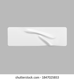 White glued crumpled rectangle sticker mock up. Blank white adhesive paper or plastic sticker label with wrinkled and creased effect. Template label tag close up. 3d realistic vector