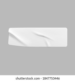 White glued crumpled rectangle sticker mock up. Blank white adhesive paper or plastic sticker label with wrinkled and creased effect. Template label tag close up. 3d realistic vector