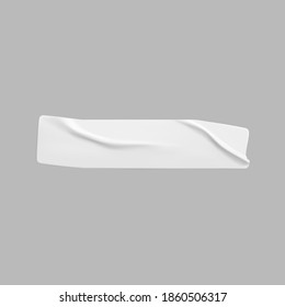 White glued crumpled rectangle sticker mock up. Blank white adhesive paper or plastic sticker label with wrinkled and creased effect. Template label tag close up. 3d realistic vector