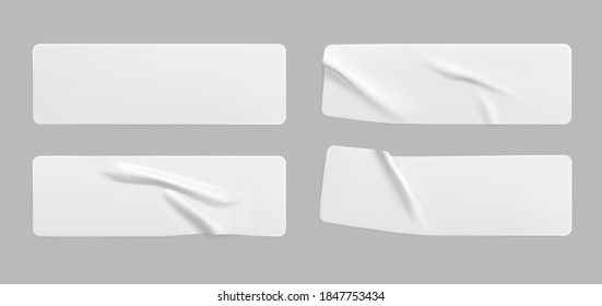 White glued crumpled rectangle stickers mock up set. Blank white adhesive paper or plastic sticker label with wrinkled and creased effect. Template label tags close up. 3d realistic vector