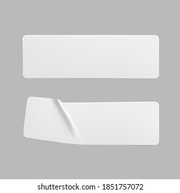 White glued crumpled rectangle stickers mock up set. Blank white adhesive paper or plastic sticker label with wrinkled and creased effect. Template label tags close up. 3d realistic vector