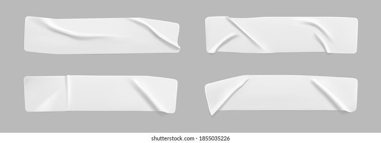 White glued crumpled rectangle stickers mock up set. Blank white adhesive paper or plastic sticker label with wrinkled and creased effect. Template label tags close up. 3d realistic vector