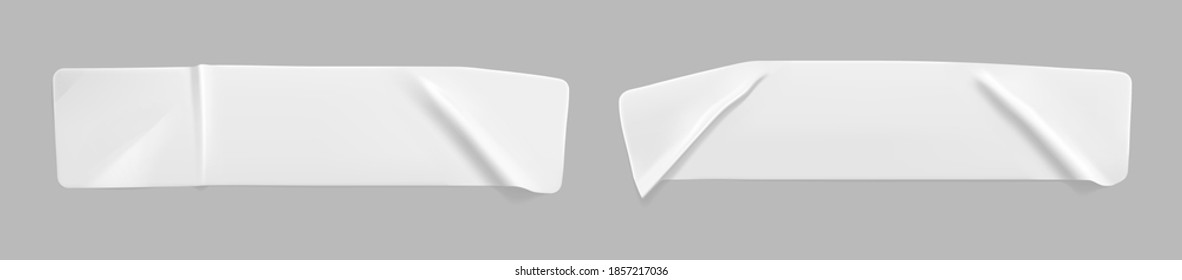 White glued crumpled rectangle stickers mock up set. Blank white adhesive paper or plastic sticker label with wrinkled and creased effect. Template label tags close up. 3d realistic vector