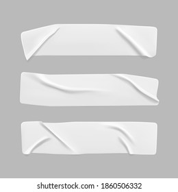 White glued crumpled rectangle stickers mock up set. Blank white adhesive paper or plastic sticker label with wrinkled and creased effect. Template label tags close up. 3d realistic vector