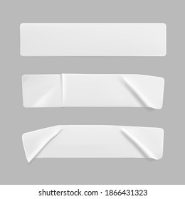 White glued crumpled rectangle stickers mock up set. Blank white adhesive paper or plastic sticker label with wrinkled and creased effect. Template label tags close up. 3d realistic vector