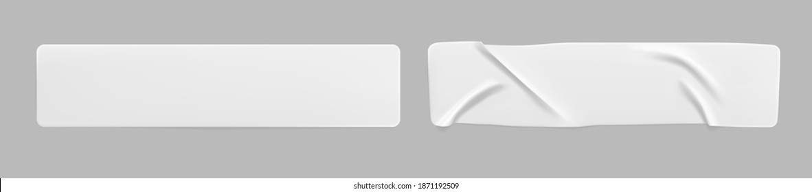 White glued crumpled rectangle stickers mock up set. Blank white adhesive paper or plastic sticker label with wrinkled and creased effect. Template label tags close up. 3d realistic vector