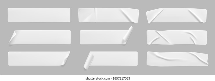 White glued crumpled stickers with curled corners mock up set. Blank white adhesive paper or plastic sticker label with wrinkled and creased effect. Template label tags close up. 3d realistic vector - Shutterstock ID 1857217033