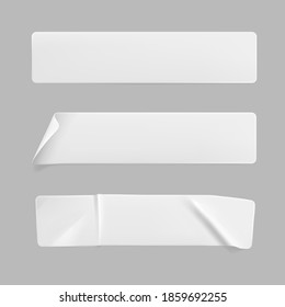 White glued crumpled stickers with curled corners mock up set. Blank white adhesive paper or plastic sticker label with wrinkled and creased effect. Template label tags close up. 3d realistic vector