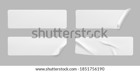 White glued crumpled stickers with curled corners mock up set. Blank white adhesive paper or plastic sticker label with wrinkled and creased effect. Template label tags close up. 3d realistic vector