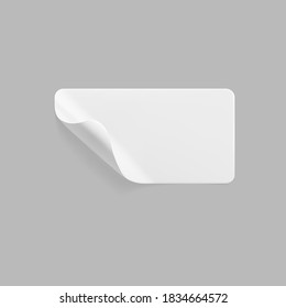 White glued rectangle sticker with curled corners mock up. Blank white adhesive paper or plastic sticker label with wrinkled and creased effect. Template label tag close up. 3d realistic vector