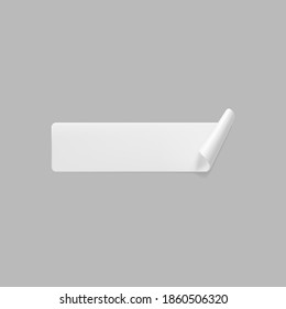 White glued rectangle sticker with curled corners mock up. Blank white adhesive paper or plastic sticker label with wrinkled and creased effect. Template label tag close up. 3d realistic vector