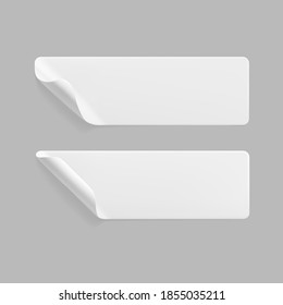 White glued rectangle stickers with curled corners mock up set. Blank white adhesive paper or plastic sticker label with wrinkled and creased effect. Template label tags close up. 3d realistic vector