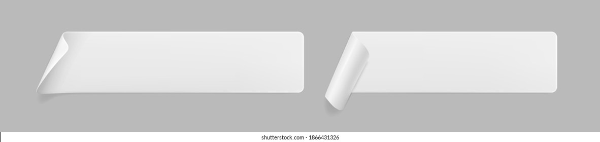 White glued rectangle stickers with curled corners mock up set. Blank white adhesive paper or plastic sticker label with wrinkled and creased effect. Template label tags close up. 3d realistic vector