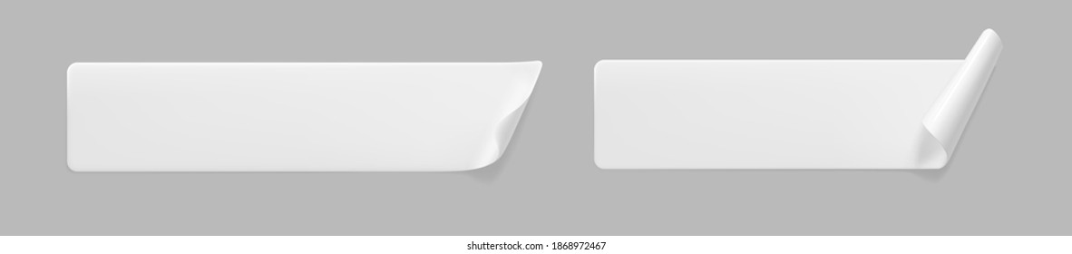 White glued rectangle stickers with curled corners mock up set. Blank white adhesive paper or plastic sticker label with wrinkled and creased effect. Template label tags close up. 3d realistic vector