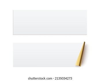 Pegatinas rectangulares blancas con borde de curvado dorado. Ilustración vectorial de etiqueta de papel en blanco. Insignia con borde retorcido sobre fondo blanco.