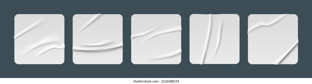 White glued stickers, crumpled paper patches mockup. Blank shrunken labels of square shapes with rounded corners, wrinkled emblems with curve edges, ui or gui elements, buttons Realistic 3d vector set